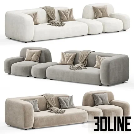 High-quality 3D model of the Divan en Ribble 11 modular sofa featuring soft, rounded shapes in white, grey, and beige fabrics.