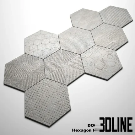 High-resolution 3D material set of Dockland hexagon floor tiles with various geometric textures and a seamless pattern