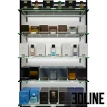Detailed 3D model of a large, illuminated four-tier glass retail rack filled with Dolce & Gabbana perfume boxes and bottles for a store or duty-free shop visualization.