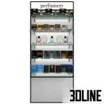 Detailed 3D model of a large, illuminated four-tier glass retail rack filled with Dolce & Gabbana perfume boxes and bottles for a store or duty-free shop visualization.
