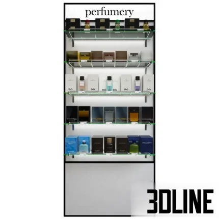 Detailed 3D model of a large, illuminated four-tier glass retail rack filled with Dolce & Gabbana perfume boxes and bottles for a store or duty-free shop visualization.