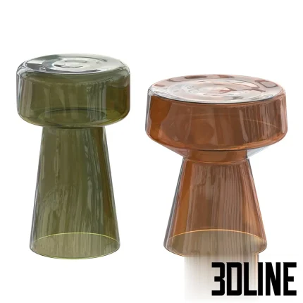 3D model set of two Dome Deco coffee/side tables, monolithic design, crafted from thick, translucent colored glass (one green, one amber/brown).