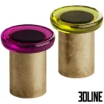 3D model set of Draga & Aurel Jade side tables, featuring cylindrical brass bases with a vintage finish and thick, glossy resin tops in magenta and olive green colors.
