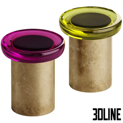 3D model set of Draga & Aurel Jade side tables, featuring cylindrical brass bases with a vintage finish and thick, glossy resin tops in magenta and olive green colors.