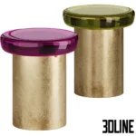 3D model set of Draga & Aurel Jade side tables, featuring cylindrical brass bases with a vintage finish and thick, glossy resin tops in magenta and olive green colors.