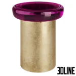 3D model set of Draga & Aurel Jade side tables, featuring cylindrical brass bases with a vintage finish and thick, glossy resin tops in magenta and olive green colors.