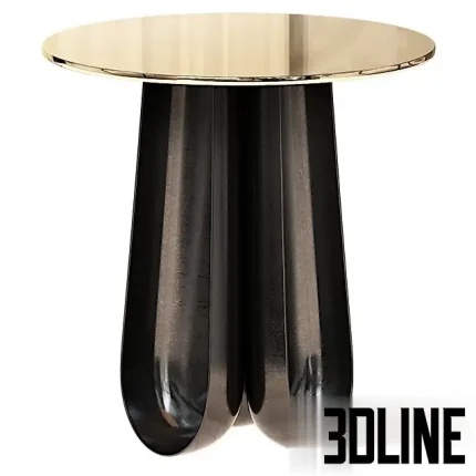 Detailed 3D model of the Dress Up side table, featuring a highly reflective bronze top and a sculptural matte black metal base with a stylized hourglass shape.