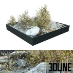 Detailed 3D model of a dry, rocky landscape base with natural stone clusters and dry brush plants, suitable for exterior scenes or indoor rock gardens.