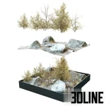 Detailed 3D model of a dry, rocky landscape base with natural stone clusters and dry brush plants, suitable for exterior scenes or indoor rock gardens.
