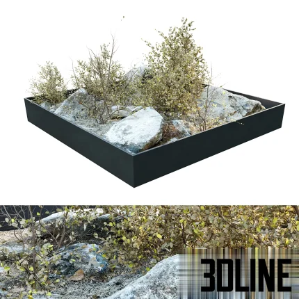 Detailed 3D model of a dry, rocky landscape base with natural stone clusters and dry brush plants, suitable for exterior scenes or indoor rock gardens.