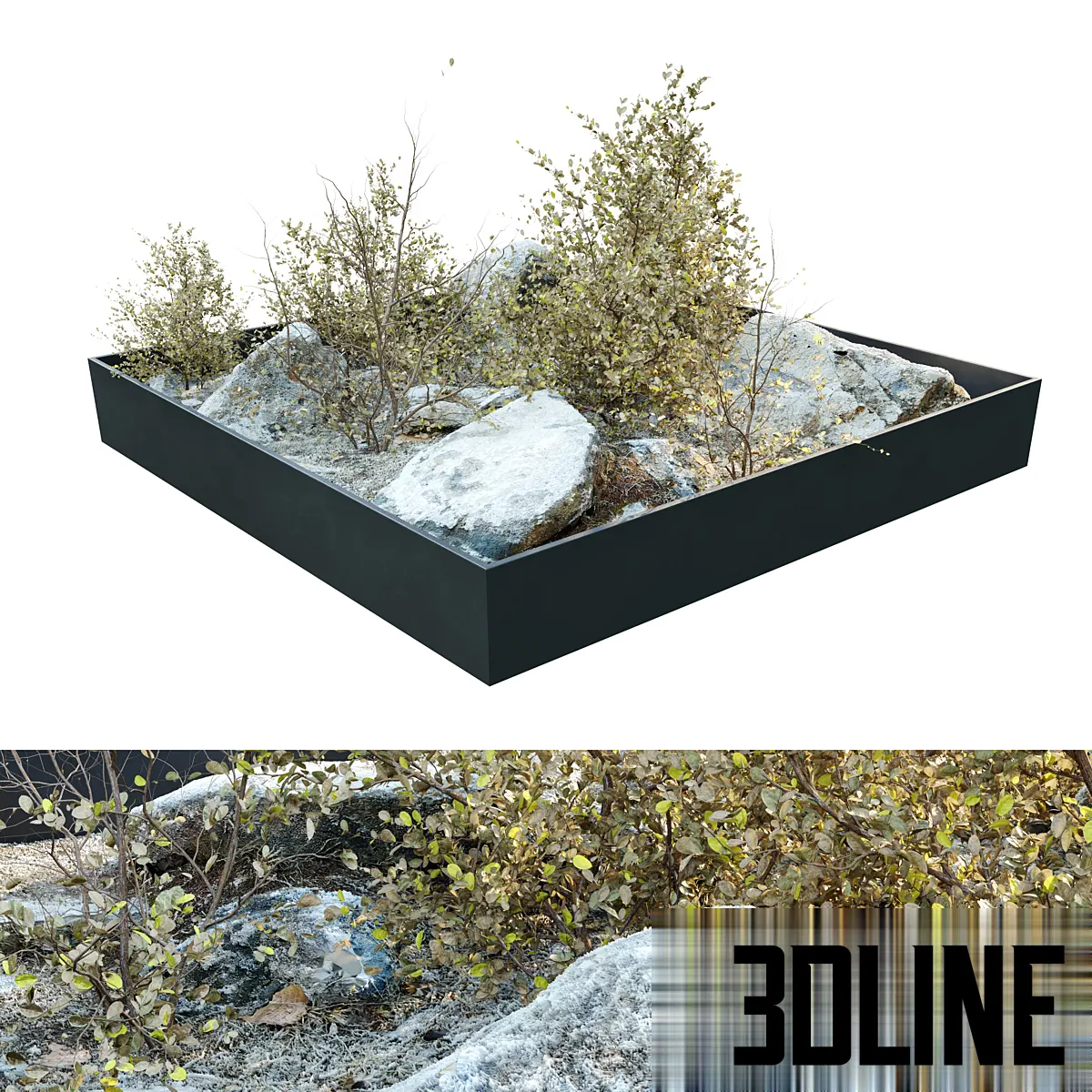 Dry Plants in Rocky Base 3D Model: Xeriscape Stone Landscape Asset Detailed 3D model of a dry, rocky landscape base with natural stone clusters and dry brush plants, suitable for exterior scenes or indoor rock gardens.