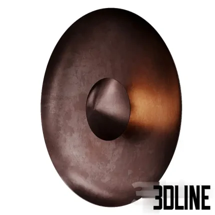 3D model of the Dusk Wall Lamp by 101 Copenhagen, featuring two circular oxidized metal discs layered to create an eclipse effect with a burned black art finish.