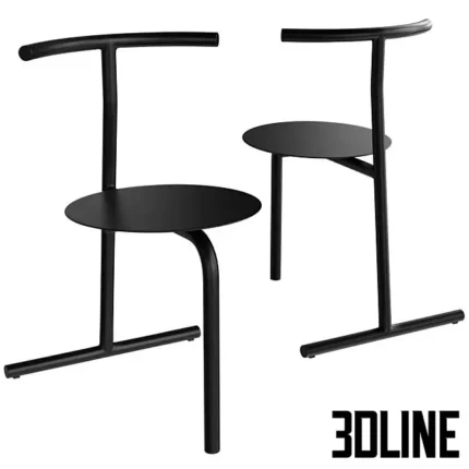 3D model of the Eater Chair, a minimalist sculptural piece made of black tubular metal with a flat circular seat and a curved backrest rail.
