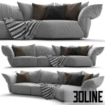3D model of the Edra Standard modular sofa in light grey fabric, featuring large, deep, relaxed cushions and adjustable wing-like back and armrests.