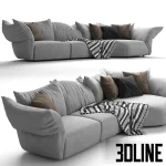 3D model of the Edra Standard modular sofa in light grey fabric, featuring large, deep, relaxed cushions and adjustable wing-like back and armrests.