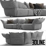 3D model of the Edra Standard modular sofa in light grey fabric, featuring large, deep, relaxed cushions and adjustable wing-like back and armrests.