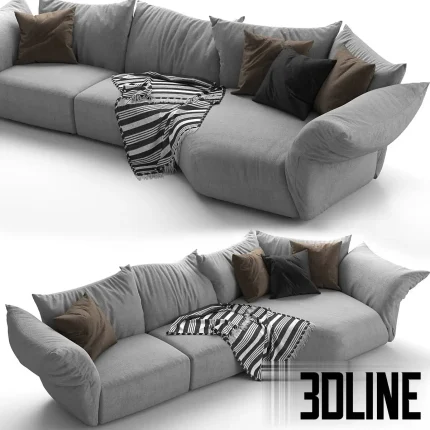 3D model of the Edra Standard modular sofa in light grey fabric, featuring large, deep, relaxed cushions and adjustable wing-like back and armrests.