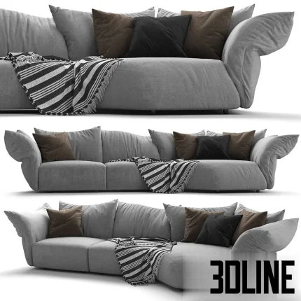3D model of the Edra Standard modular sofa in light grey fabric, featuring large, deep, relaxed cushions and adjustable wing-like back and armrests.