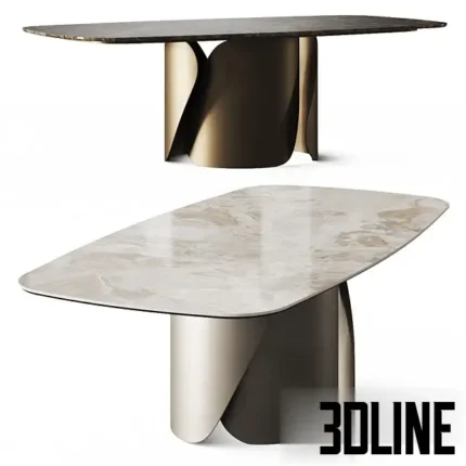 3D model of the Eforma Onda dining table featuring a large rectangular marble top with rounded corners and a sculptural base made of curved, wavy metal plates in gold and bronze finishes.