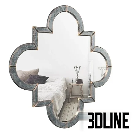 High-resolution 3D model of the Eichholtz Mellon Mirror with a quatrefoil shape and a distressed, oxidized blue/grey metal frame finish.