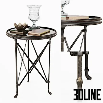 3D model of the Eichholtz St. Etienne side table, featuring a round black glass top framed in an antique brass rim, supported by slender crossed legs with decorative hoof feet.