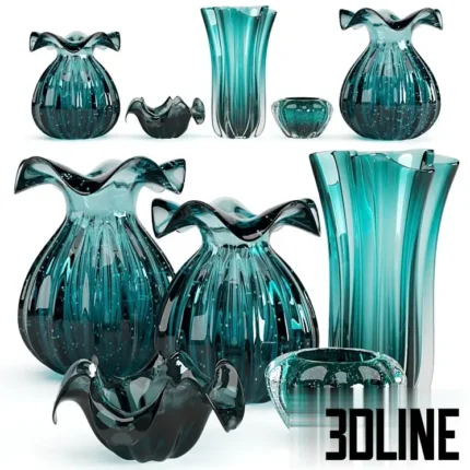 3D model set of Eichholtz style glass vases in rich turquoise and teal colors, featuring organic fluted shapes, ruffled rims, and bubble textures.