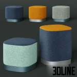 High-resolution 3D model set of three Enea Puck modular ottomans in orange, dark gray, and light gray fabric upholstery with thin metal plinth bases.