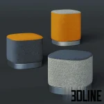High-resolution 3D model set of three Enea Puck modular ottomans in orange, dark gray, and light gray fabric upholstery with thin metal plinth bases.
