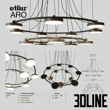 3D model of the Estiluz Aro 3542 suspension lamp, featuring a large black circular ring structure supporting multiple adjustable round LED heads and slender suspension cables.