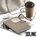 3D model of a fashion lifestyle set including a beige gathered leather clutch bag with chain, sunglasses, a coffee cup, a notebook, and a Kinfolk magazine.