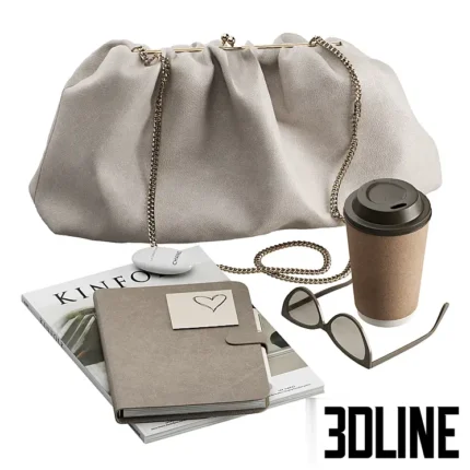 3D model of a fashion lifestyle set including a beige gathered leather clutch bag with chain, sunglasses, a coffee cup, a notebook, and a Kinfolk magazine.