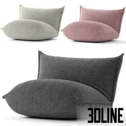 3D model of the Fatboy The BonBaron lounge chair, featuring a marshmallow-like soft design with signature back buttons, shown in grey and pink fabric finishes.