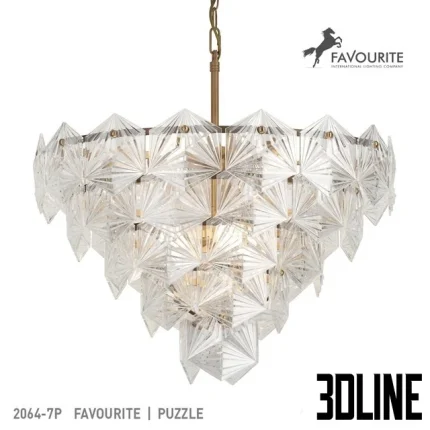 High-resolution 3D model of Favourite Puzzle tiered crystal chandelier with faceted glass pieces and brass frame