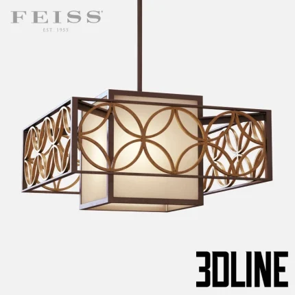 High-resolution 3D model of the Feiss Remy 2 Light Shade Pendant, featuring a white square inner shade surrounded by a dark bronze geometric circle lattice frame.