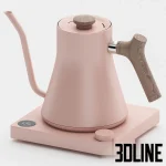 3D model of a Fellow coffee set in a matte mint green finish, featuring the Stagg EKG electric kettle, the Ode brew grinder, and a glass bean canister with a wooden lid.