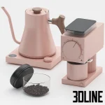 3D model of a Fellow coffee set in a matte mint green finish, featuring the Stagg EKG electric kettle, the Ode brew grinder, and a glass bean canister with a wooden lid.