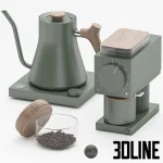 3D model of a Fellow coffee set in a matte mint green finish, featuring the Stagg EKG electric kettle, the Ode brew grinder, and a glass bean canister with a wooden lid.