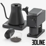 3D model of a Fellow coffee set in a matte mint green finish, featuring the Stagg EKG electric kettle, the Ode brew grinder, and a glass bean canister with a wooden lid.