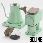 3D model of a Fellow coffee set in a matte mint green finish, featuring the Stagg EKG electric kettle, the Ode brew grinder, and a glass bean canister with a wooden lid.