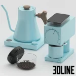 3D model of a Fellow coffee set in a matte mint green finish, featuring the Stagg EKG electric kettle, the Ode brew grinder, and a glass bean canister with a wooden lid.