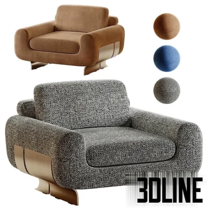 High-resolution 3D model of the Fendi Gran Plie armchair, shown in textured tweed and brown velvet, featuring a curved wooden plinth base.