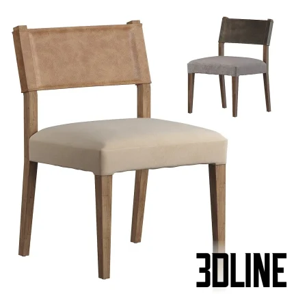 3D model of the Ferris Dining Chair featuring a solid wood frame with rustic texture, a beige upholstered seat, and a distinctive wide backrest panel shown in beige leather and dark grey fabric variations.