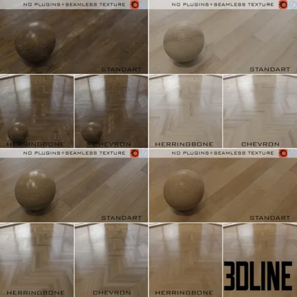 3D visualization of Finex No. 5 wood flooring textures, showcasing material spheres and floor samples in Standard plank, Herringbone, and Chevron patterns in a natural oak finish.