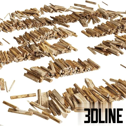 3D model set of Firewood Logs 03, featuring multiple arrangements of chopped wood including neat stacks, messy piles, and scattered individual logs with realistic bark and end-grain textures.