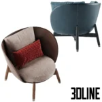 3D model of the Flexform Eri armchair designed by Fumio Enomoto, featuring a leather outer shell, plush fabric inner cushions in blue and beige, and a solid wood base.