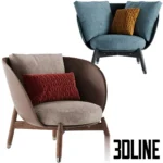 3D model of the Flexform Eri armchair designed by Fumio Enomoto, featuring a leather outer shell, plush fabric inner cushions in blue and beige, and a solid wood base.