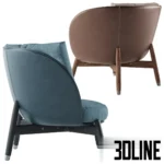 3D model of the Flexform Eri armchair designed by Fumio Enomoto, featuring a leather outer shell, plush fabric inner cushions in blue and beige, and a solid wood base.