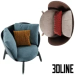 3D model of the Flexform Eri armchair designed by Fumio Enomoto, featuring a leather outer shell, plush fabric inner cushions in blue and beige, and a solid wood base.