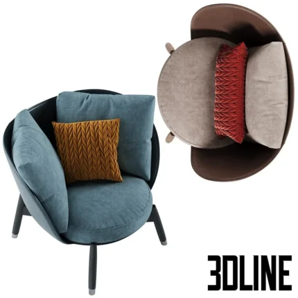 3D model of the Flexform Eri armchair designed by Fumio Enomoto, featuring a leather outer shell, plush fabric inner cushions in blue and beige, and a solid wood base.