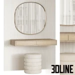 High-resolution 3D model of a floating wooden dressing table with two drawers, a large round brass-framed mirror, and a cylindrical beige upholstered pouf.